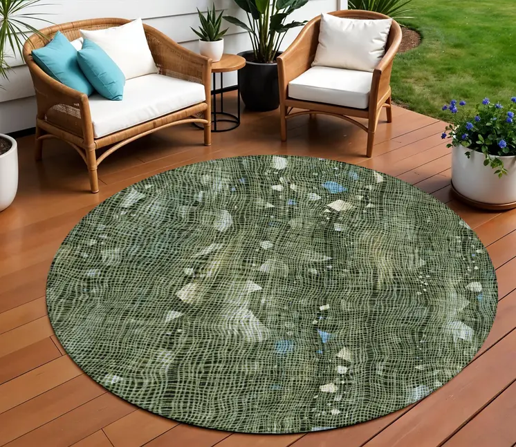 8' Fern Green And Beige Round Abstract Washable Indoor Outdoor Area Rug