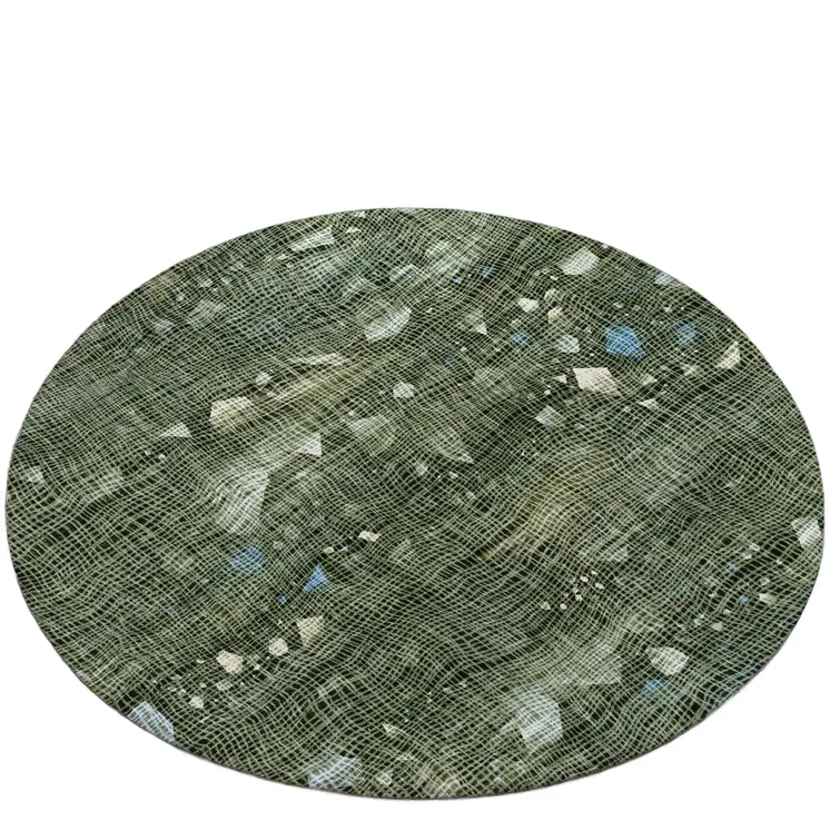 8' Fern Green And Beige Round Abstract Washable Indoor Outdoor Area Rug