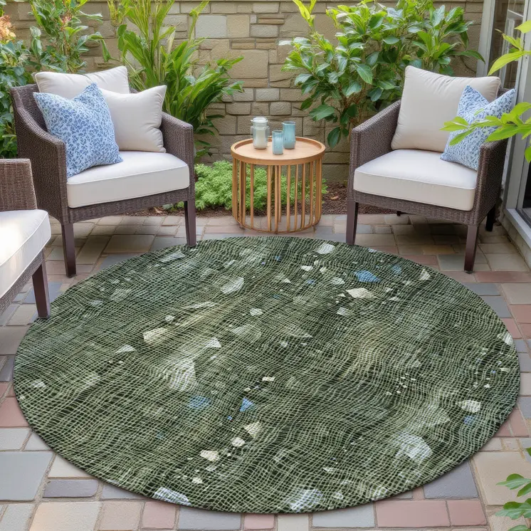 8' Fern Green And Beige Round Abstract Washable Indoor Outdoor Area Rug