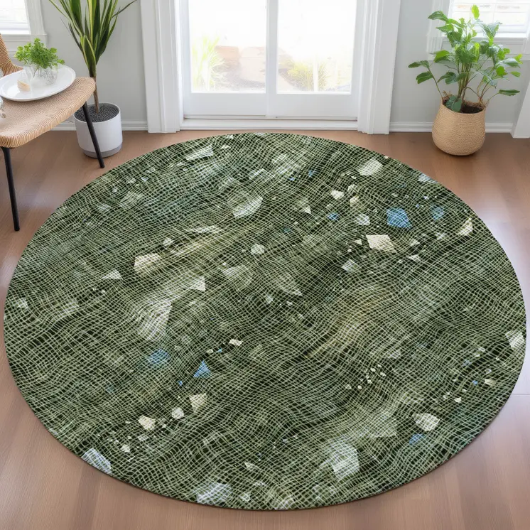 8' Fern Green And Beige Round Abstract Washable Indoor Outdoor Area Rug