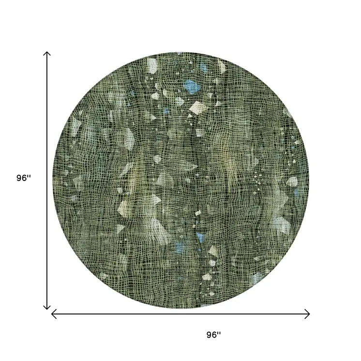 8' Fern Green And Beige Round Abstract Washable Indoor Outdoor Area Rug