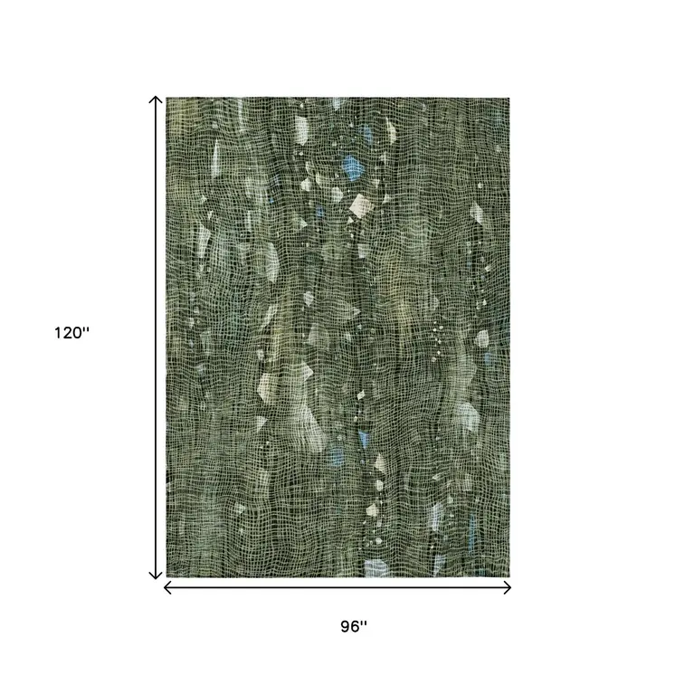 8' X 10' Fern Green And Beige Abstract Washable Indoor Outdoor Area Rug