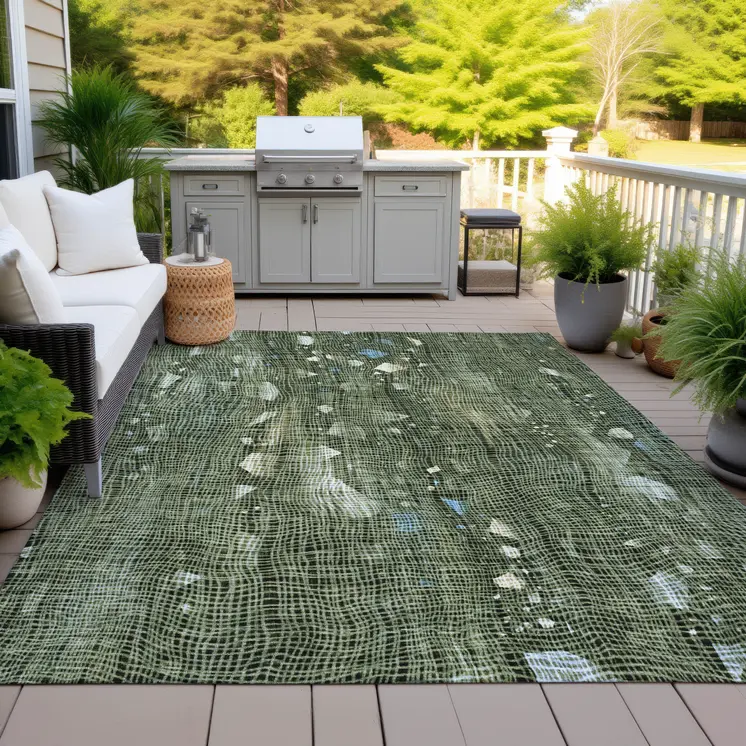 8' X 10' Fern Green And Beige Abstract Washable Indoor Outdoor Area Rug