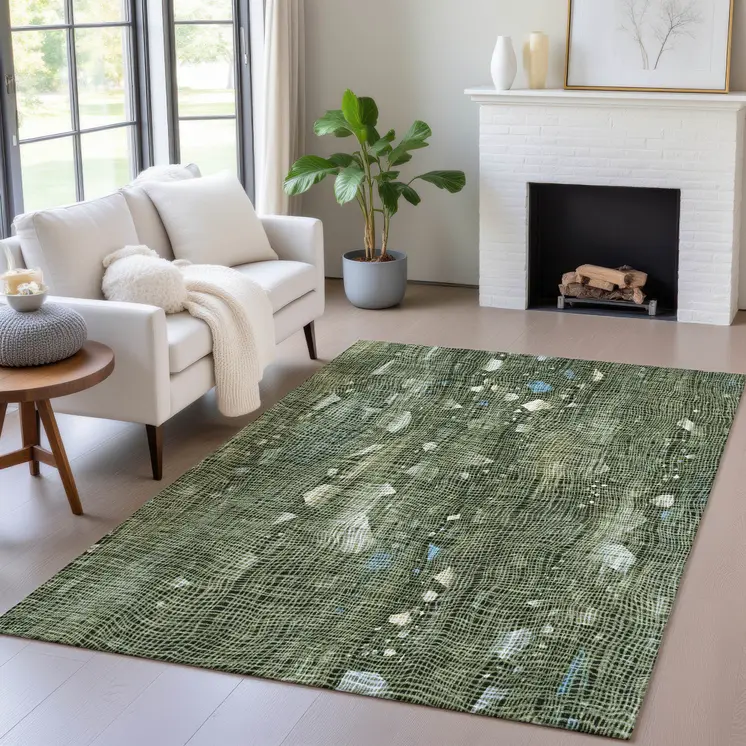 8' X 10' Fern Green And Beige Abstract Washable Indoor Outdoor Area Rug
