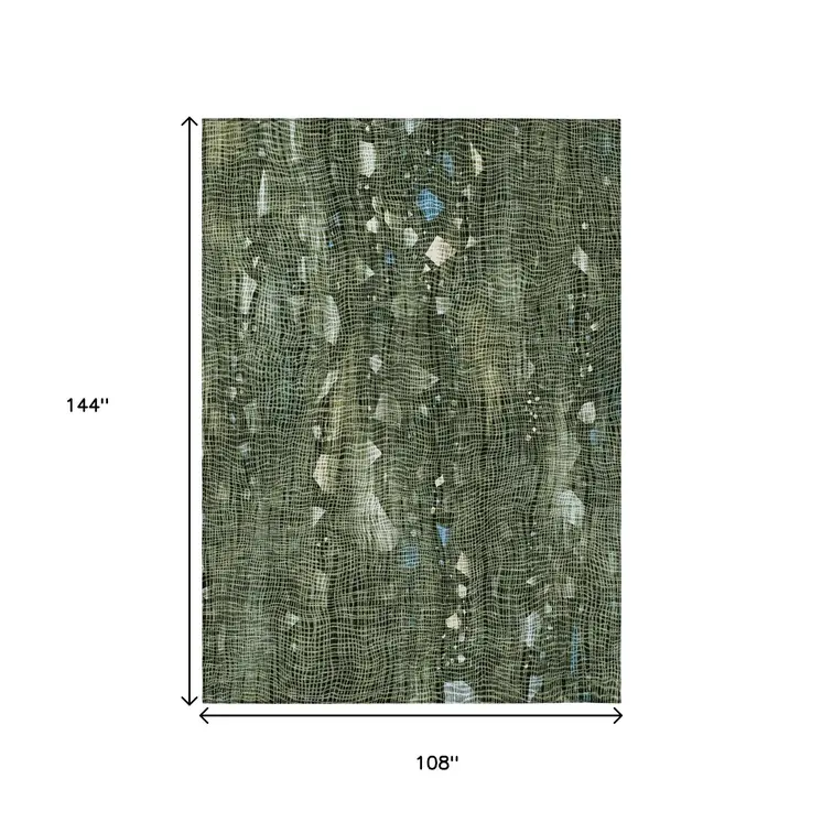 9' X 12' Fern Green And Beige Abstract Washable Indoor Outdoor Area Rug