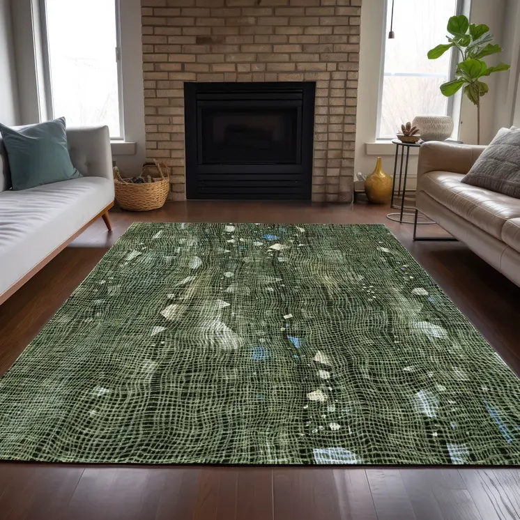 10' X 14' Fern Green And Beige Abstract Washable Indoor Outdoor Area Rug