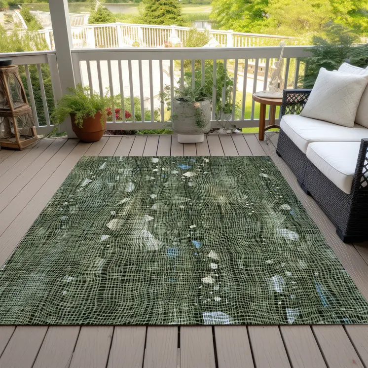 10' X 14' Fern Green And Beige Abstract Washable Indoor Outdoor Area Rug