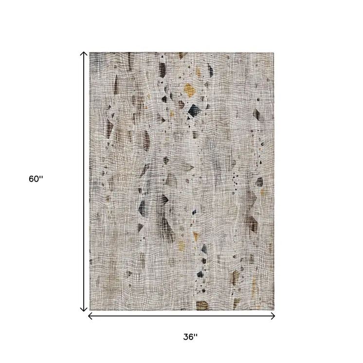 3' X 5' Linen And Gold Abstract Washable Indoor Outdoor Area Rug
