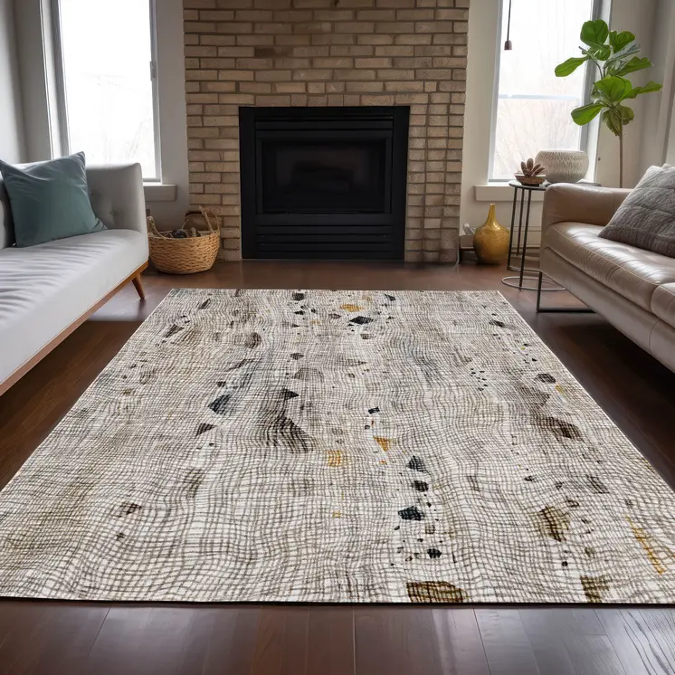 3' X 5' Linen And Gold Abstract Washable Indoor Outdoor Area Rug