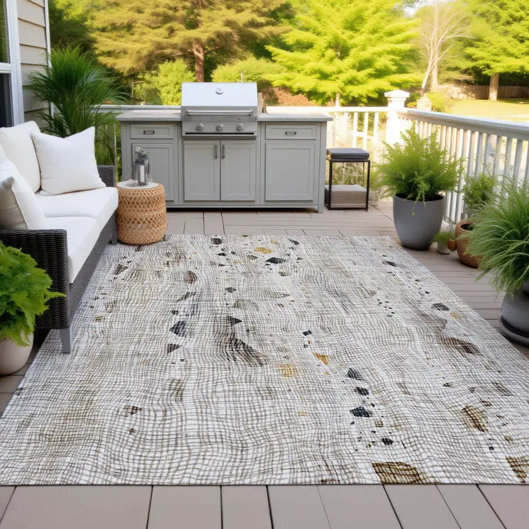 5' X 8' Linen And Gold Abstract Washable Indoor Outdoor Area Rug