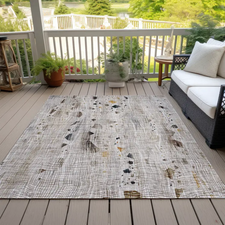 5' X 8' Linen And Gold Abstract Washable Indoor Outdoor Area Rug