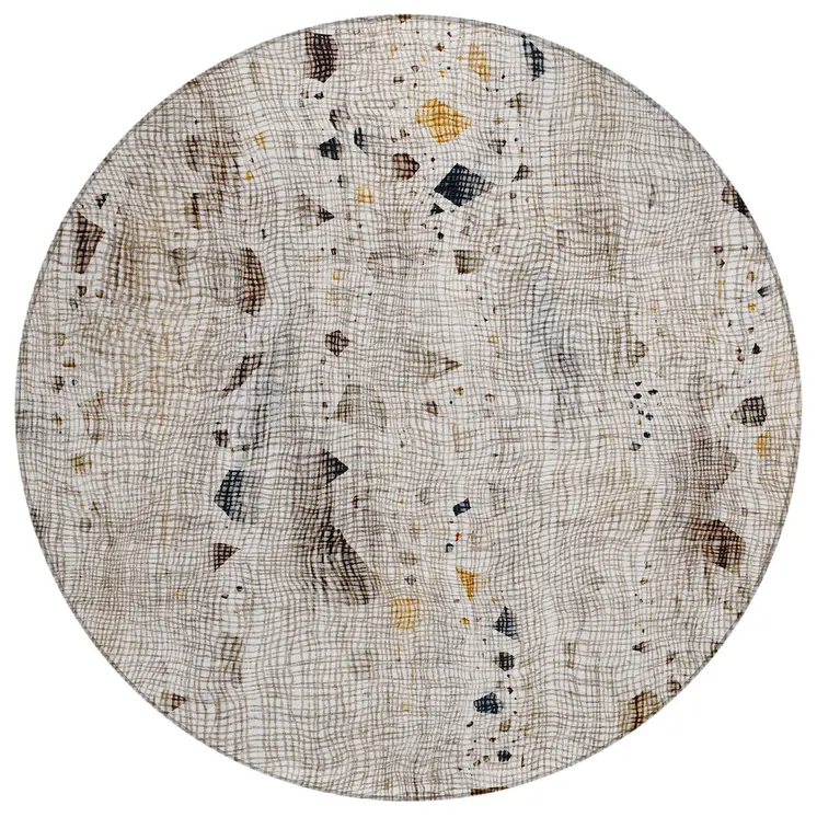 8' Linen And Gold Round Abstract Washable Indoor Outdoor Area Rug