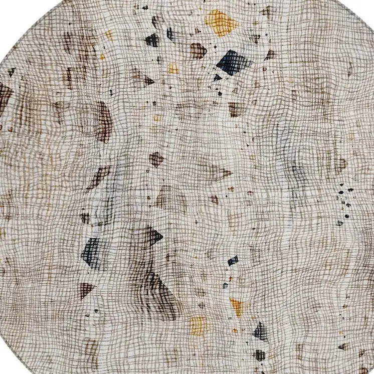 8' Linen And Gold Round Abstract Washable Indoor Outdoor Area Rug