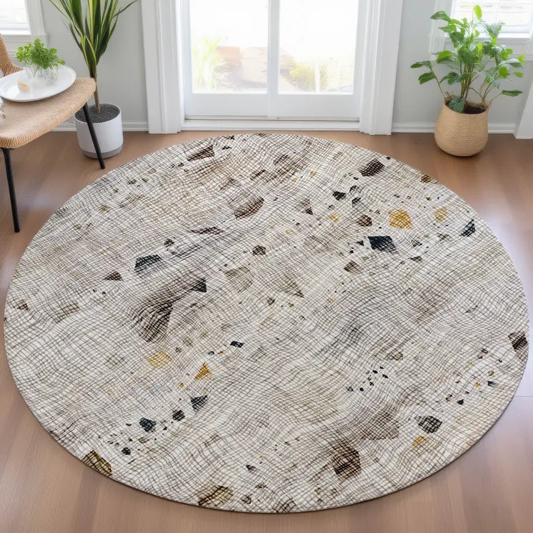 8' Linen And Gold Round Abstract Washable Indoor Outdoor Area Rug