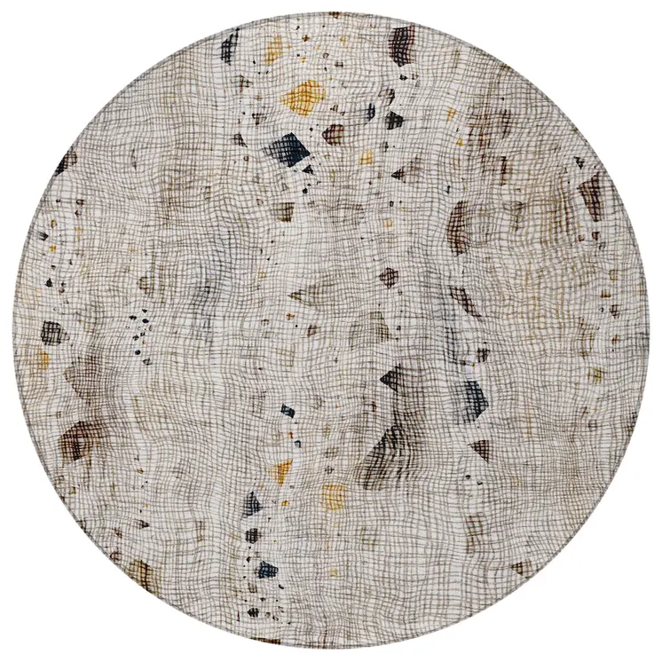 8' Linen And Gold Round Abstract Washable Indoor Outdoor Area Rug