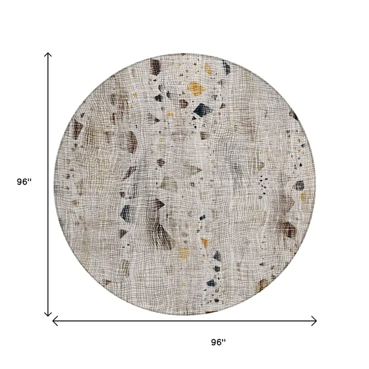 8' Linen And Gold Round Abstract Washable Indoor Outdoor Area Rug