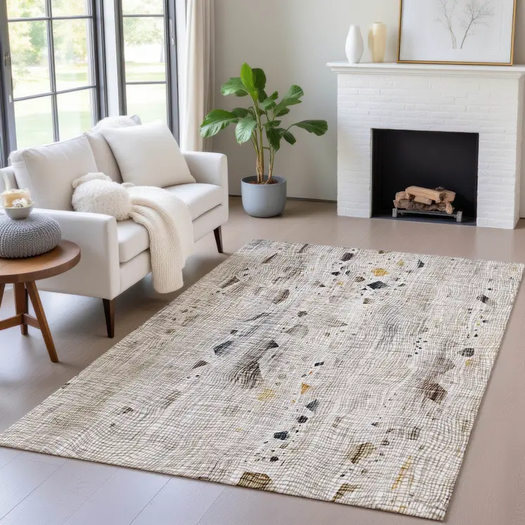 8' X 10' Linen And Gold Abstract Washable Indoor Outdoor Area Rug