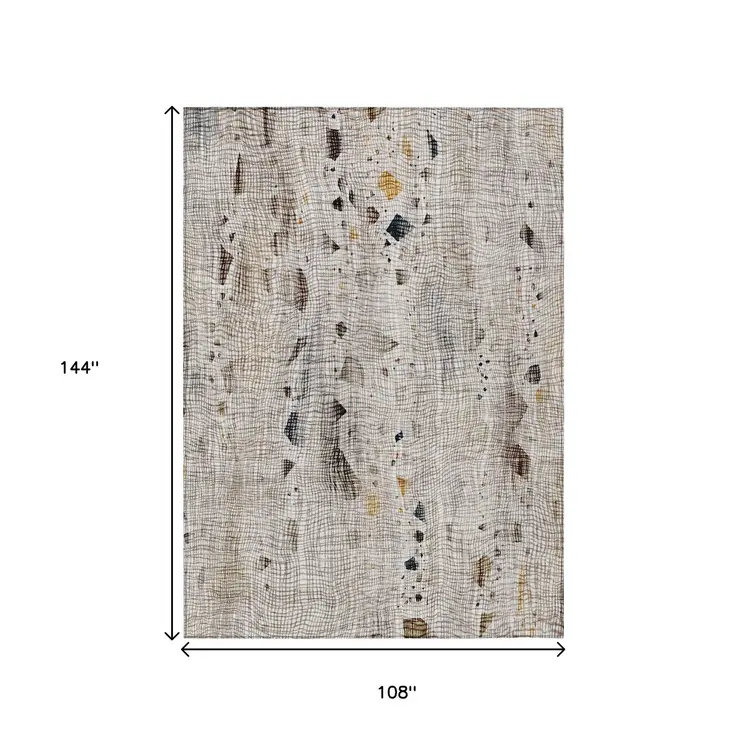 9' X 12' Linen And Gold Abstract Washable Indoor Outdoor Area Rug