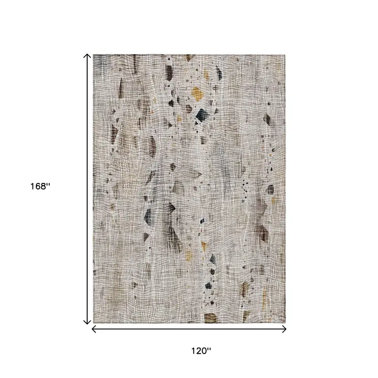 10' X 14' Linen And Gold Abstract Washable Indoor Outdoor Area Rug
