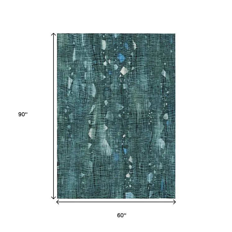 5' X 8' Teal Blue And Ivory Abstract Washable Indoor Outdoor Area Rug