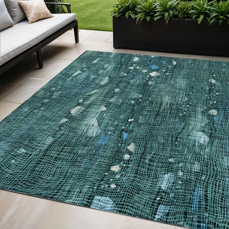 5' X 8' Teal Blue And Ivory Abstract Washable Indoor Outdoor Area Rug
