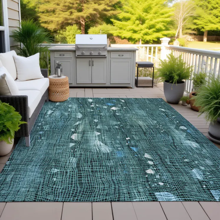5' X 8' Teal Blue And Ivory Abstract Washable Indoor Outdoor Area Rug