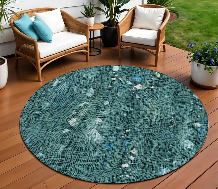 8' Teal Blue And Ivory Round Abstract Washable Indoor Outdoor Area Rug