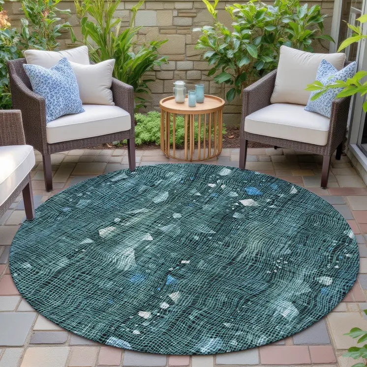 8' Teal Blue And Ivory Round Abstract Washable Indoor Outdoor Area Rug