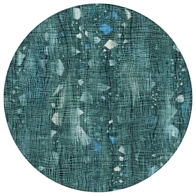 8' Teal Blue And Ivory Round Abstract Washable Indoor Outdoor Area Rug