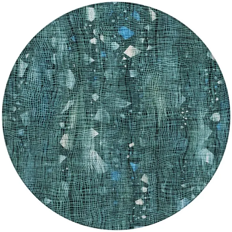 8' Teal Blue And Ivory Round Abstract Washable Indoor Outdoor Area Rug