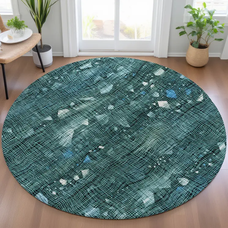 8' Teal Blue And Ivory Round Abstract Washable Indoor Outdoor Area Rug