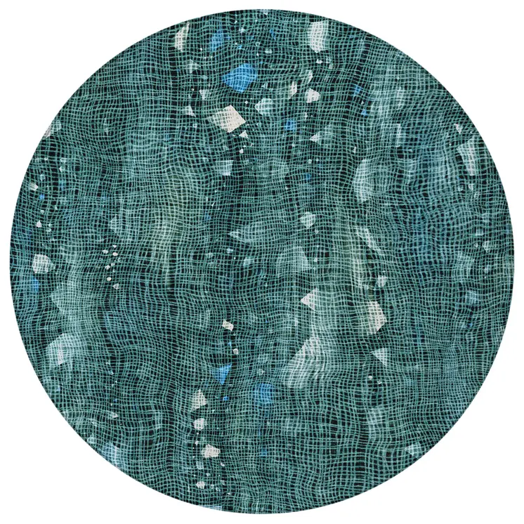 8' Teal Blue And Ivory Round Abstract Washable Indoor Outdoor Area Rug