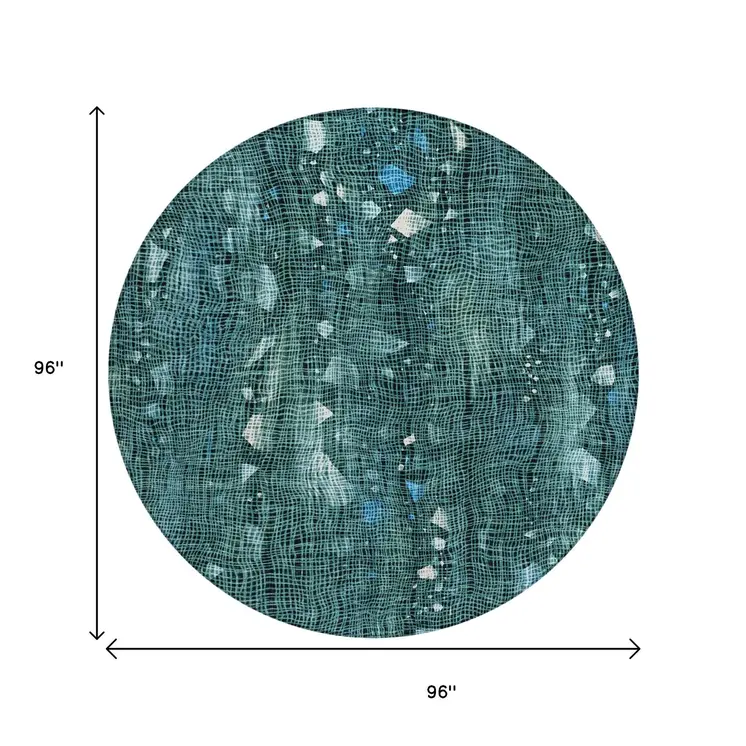 8' Teal Blue And Ivory Round Abstract Washable Indoor Outdoor Area Rug