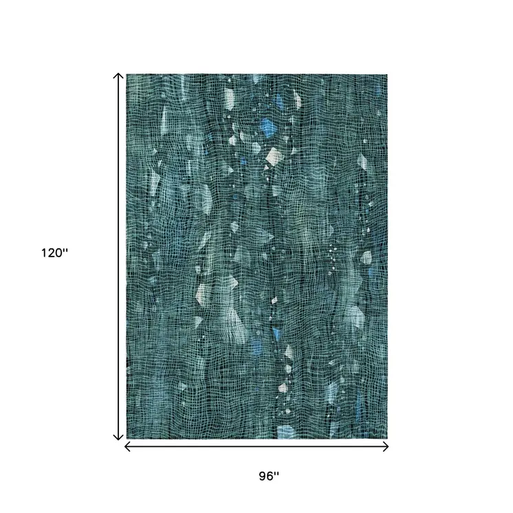 8' X 10' Teal Blue And Ivory Abstract Washable Indoor Outdoor Area Rug