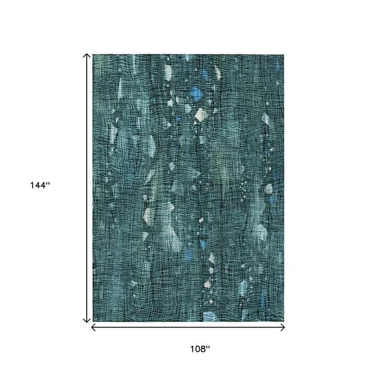 9' X 12' Teal Blue And Ivory Abstract Washable Indoor Outdoor Area Rug
