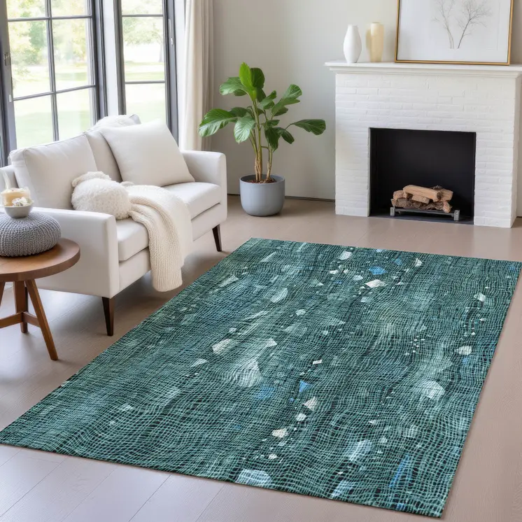9' X 12' Teal Blue And Ivory Abstract Washable Indoor Outdoor Area Rug