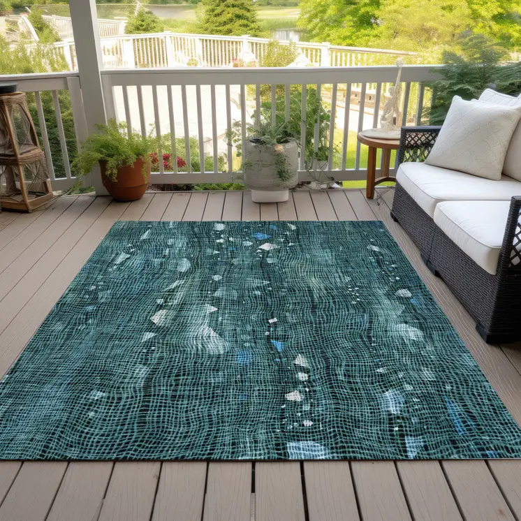 9' X 12' Teal Blue And Ivory Abstract Washable Indoor Outdoor Area Rug