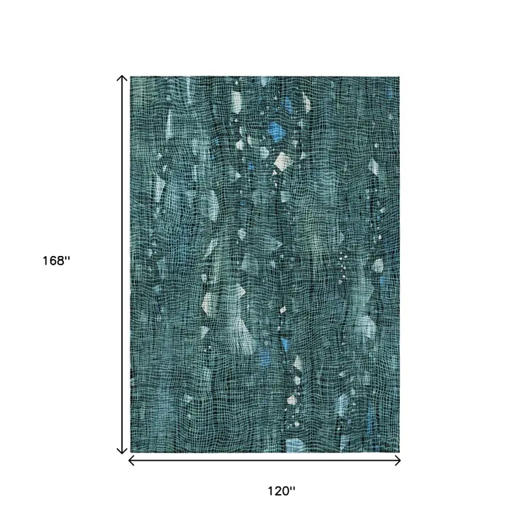 10' X 14' Teal Blue And Ivory Abstract Washable Indoor Outdoor Area Rug