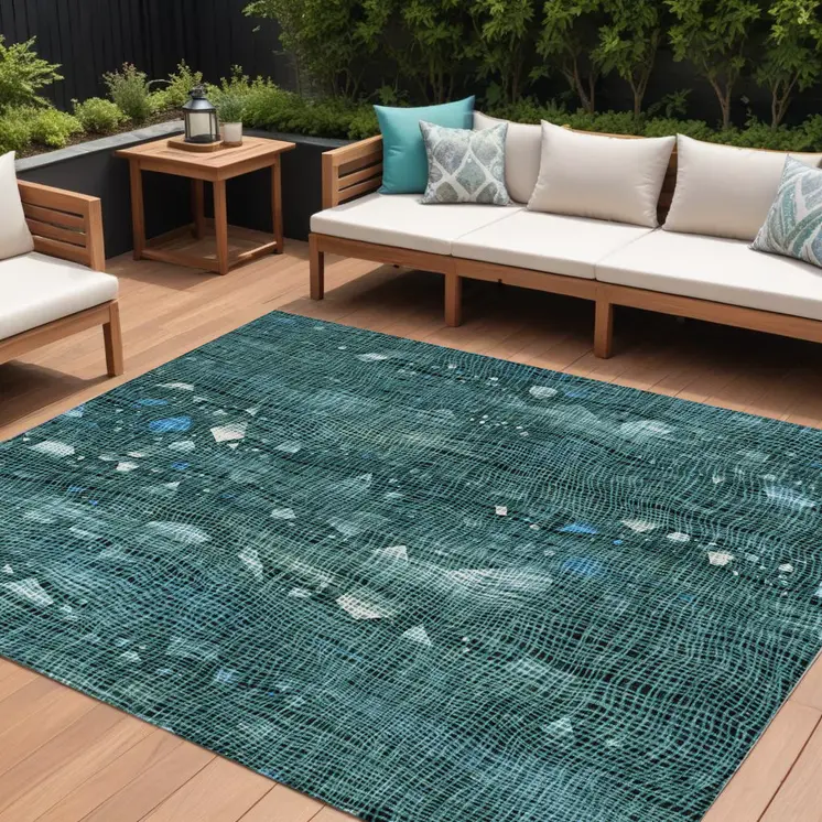 10' X 14' Teal Blue And Ivory Abstract Washable Indoor Outdoor Area Rug