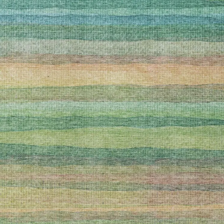 3' X 5' Artichoke Green Peach And Teal Blue Striped Washable Indoor Outdoor Area Rug