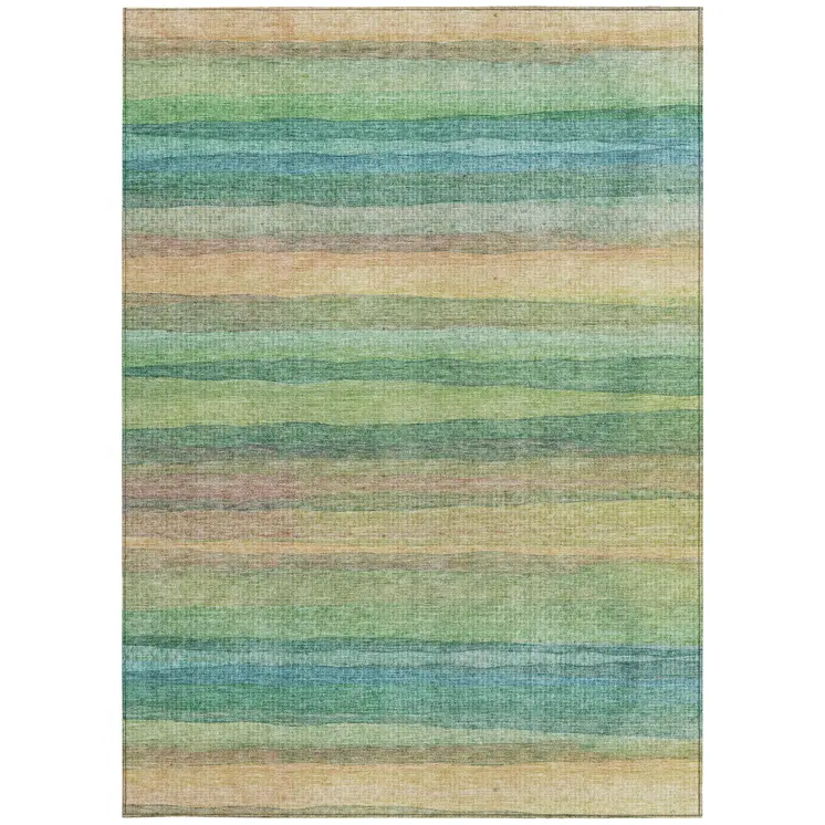 3' X 5' Artichoke Green Peach And Teal Blue Striped Washable Indoor Outdoor Area Rug