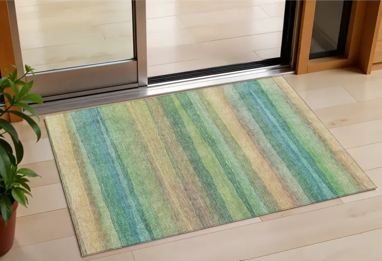 3' X 5' Artichoke Green Peach And Teal Blue Striped Washable Indoor Outdoor Area Rug