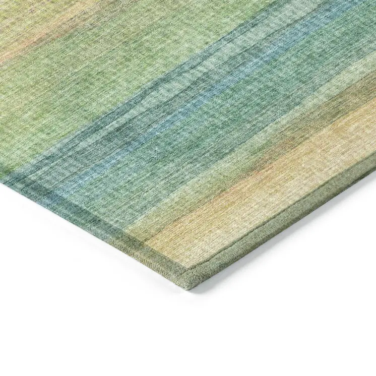 3' X 5' Artichoke Green Peach And Teal Blue Striped Washable Indoor Outdoor Area Rug