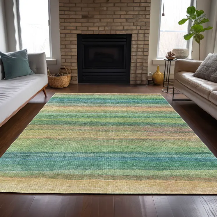3' X 5' Artichoke Green Peach And Teal Blue Striped Washable Indoor Outdoor Area Rug