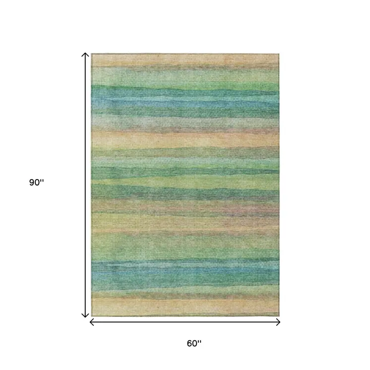 5' X 8' Artichoke Green Peach And Teal Blue Striped Washable Indoor Outdoor Area Rug