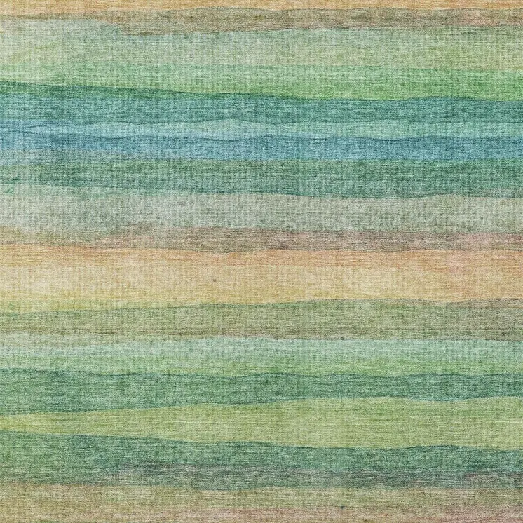 5' X 8' Artichoke Green Peach And Teal Blue Striped Washable Indoor Outdoor Area Rug