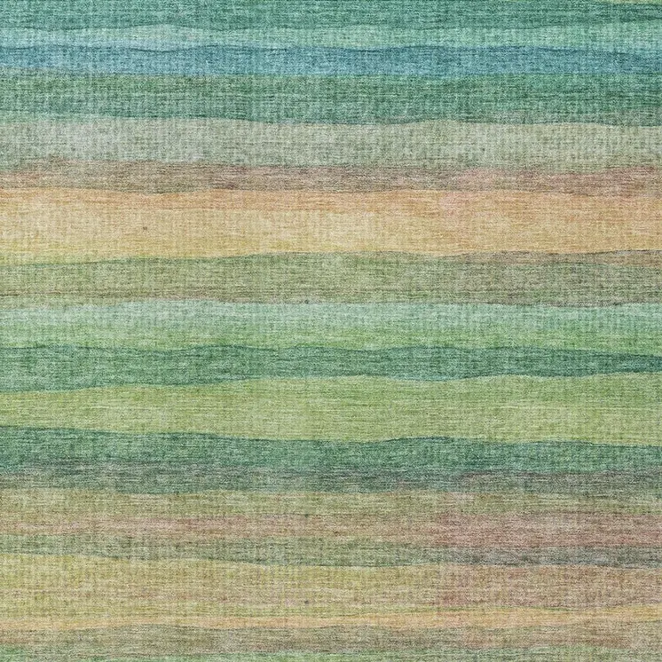 5' X 8' Artichoke Green Peach And Teal Blue Striped Washable Indoor Outdoor Area Rug