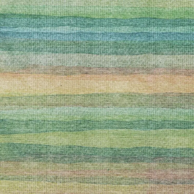 5' X 8' Artichoke Green Peach And Teal Blue Striped Washable Indoor Outdoor Area Rug