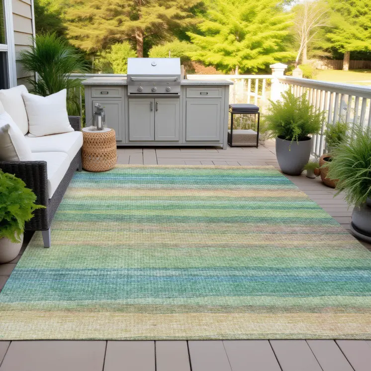 5' X 8' Artichoke Green Peach And Teal Blue Striped Washable Indoor Outdoor Area Rug