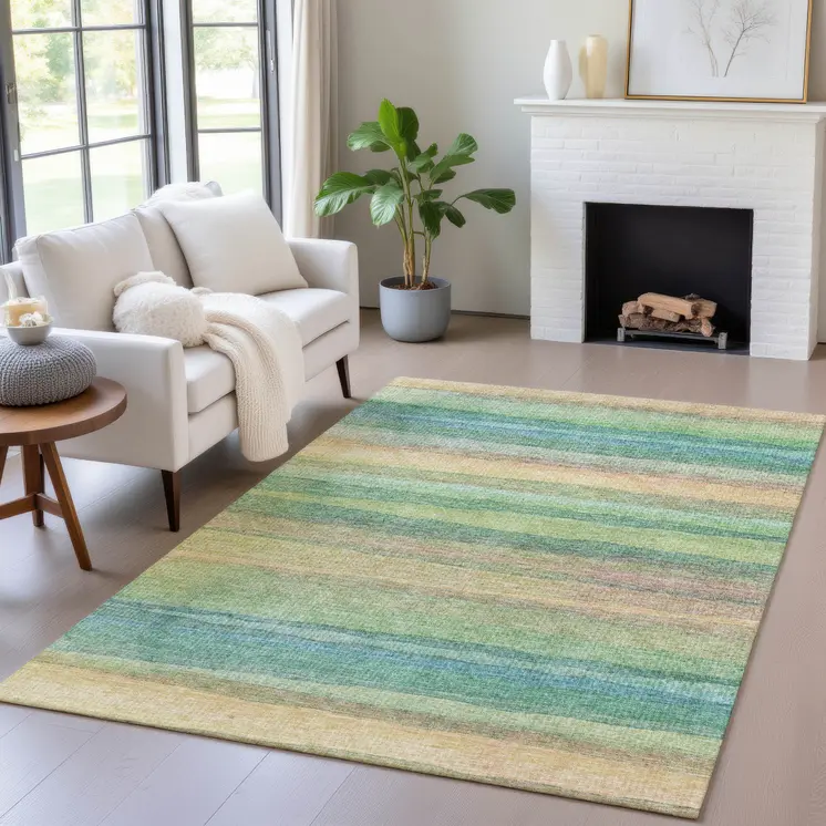 5' X 8' Artichoke Green Peach And Teal Blue Striped Washable Indoor Outdoor Area Rug